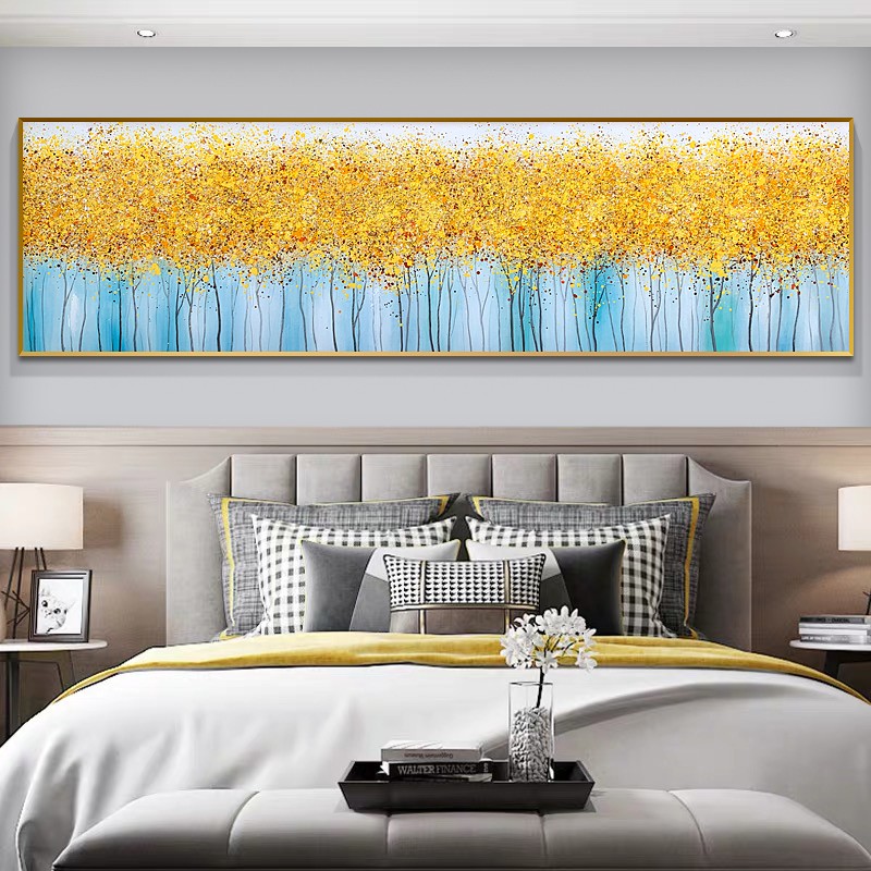发财树创意画装饰卧室挂画长条画一整张个性客餐厅暖色调抽象油画图片