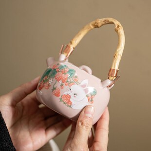 仿宋粉汝窑提梁壶复古开片可养z茶壶单壶家用功夫茶具陶瓷泡茶壶