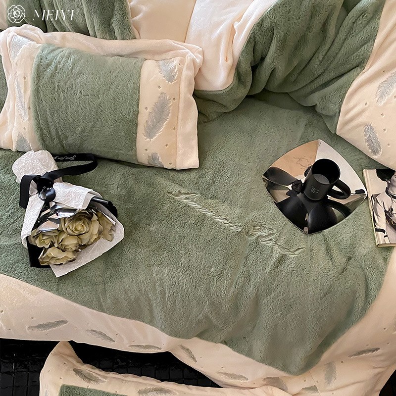 轻奢风羽毛刺绣兔绒牛奶绒x四件套冬天珊瑚绒加绒被套加厚床品