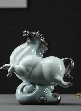 久造陶瓷唐马摆件新中式招财工艺品客厅书房摆设玄关办公桌装饰品