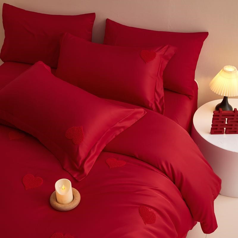提花结婚床上四件套婚庆大红色全棉被套新婚房礼喜被床单