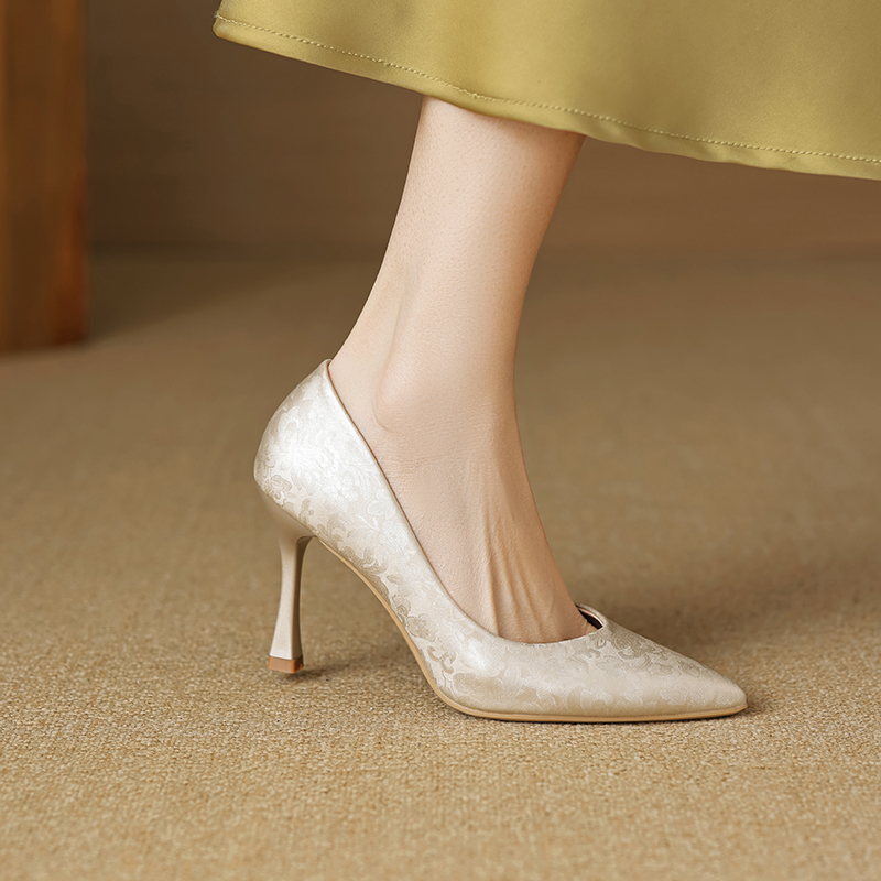 新中式国风绝美提花绸缎高跟鞋女