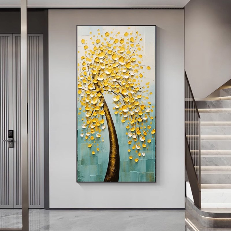 入户玄关装饰画正对门走廊挂画高级感手绘油画立体肌理感发财树图片