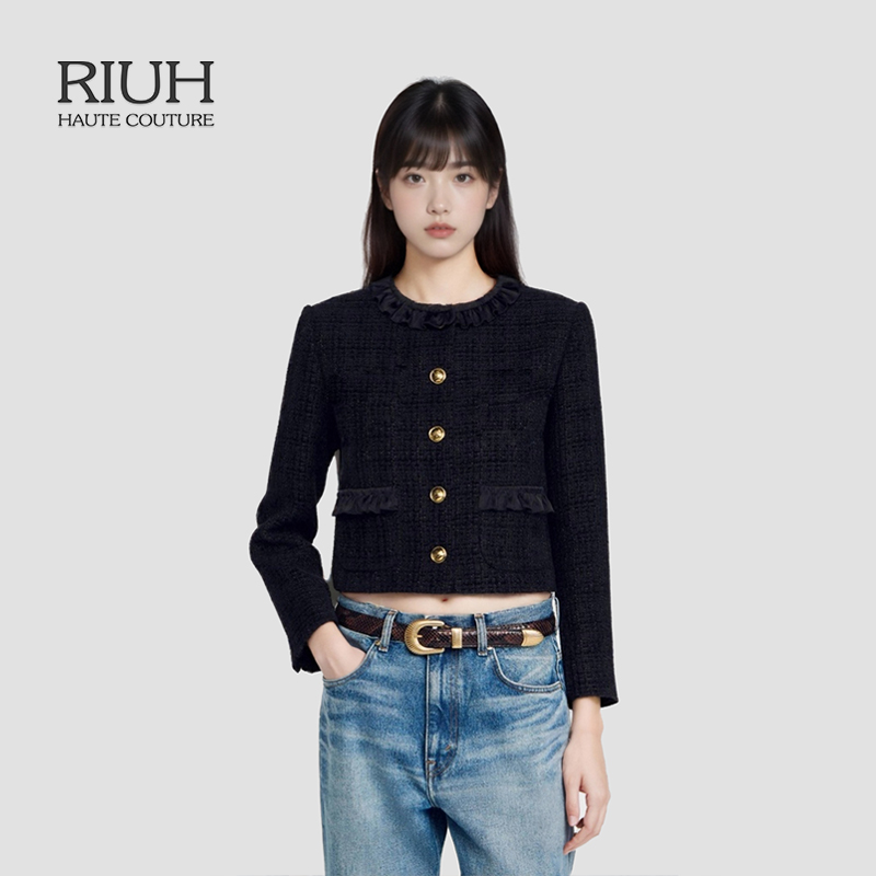 RIUH法式气质黑色木耳花边领圆领短款花呢外套25秋冬