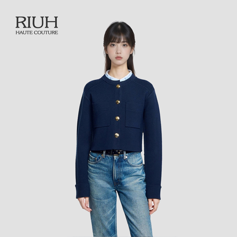 RIUH精致风深蓝色可拆卸花边领针织开衫25秋冬