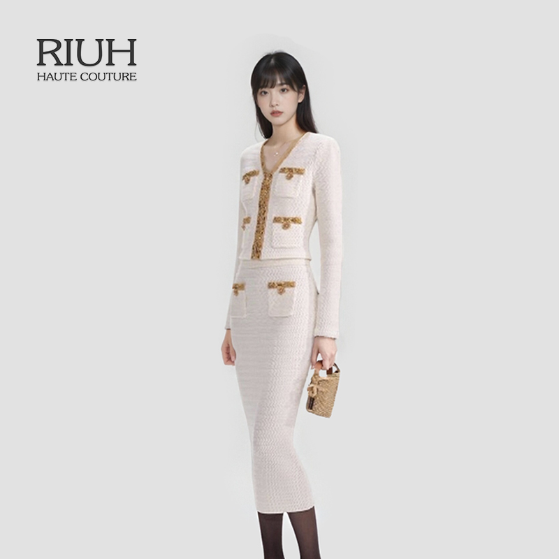 RIUH约会法式年会白色温柔气质高级小香风套装上衣半身裙25秋冬