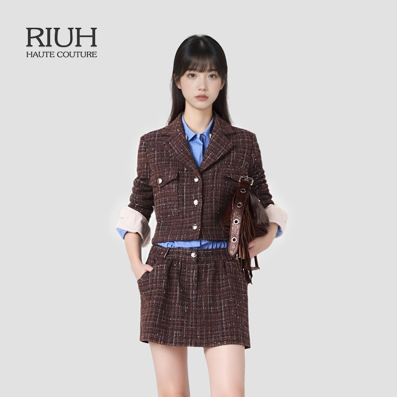 RIUH法式复古棕色粗花呢格纹单排扣短款夹克外套25秋冬