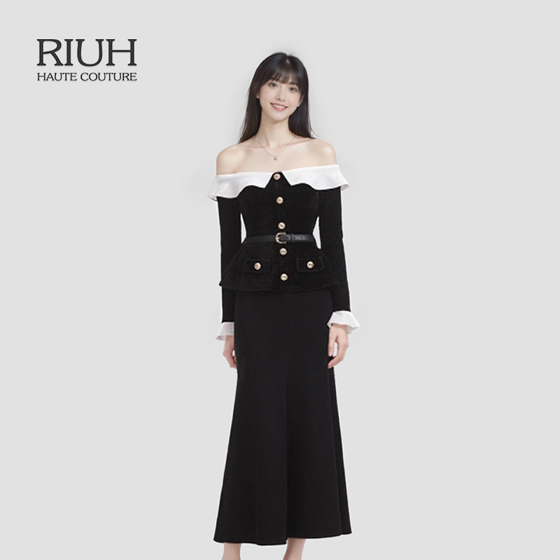 RIUH精致黑撞白气质荷叶边一字肩连衣裙中长裙25秋冬