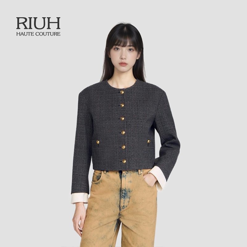 RIUH复古法式灰色仿钻格纹拼接袖圆领短外套25秋冬