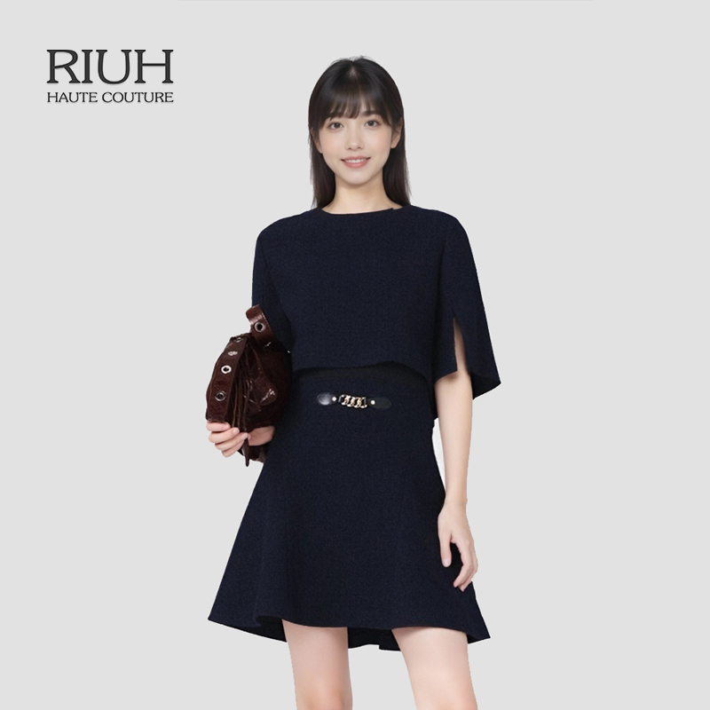 RIUH精致法式气质花呢蓝色短款连衣裙两件套25秋冬
