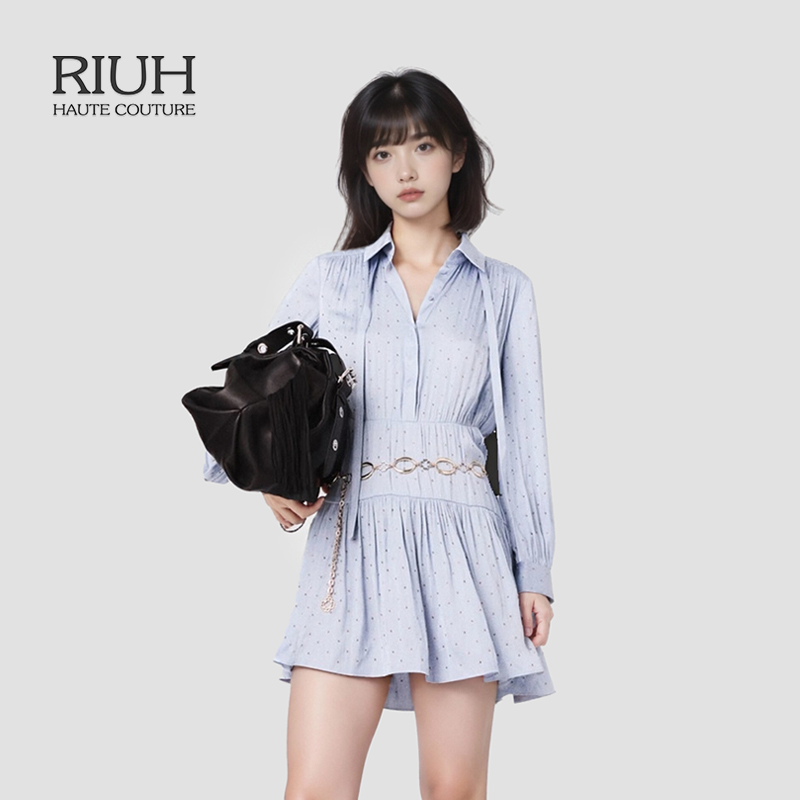 RIUH法式优雅蓝色蝴蝶结领口收腰连衣裙25秋冬