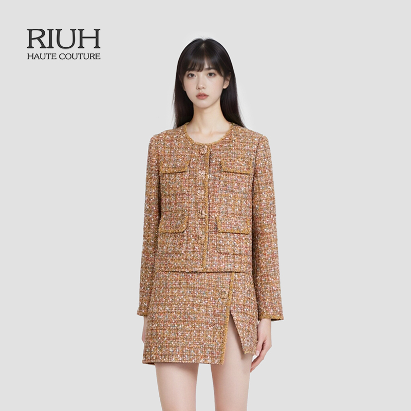 RIUH精致气质驼金色小香风千金圆领外套25秋冬