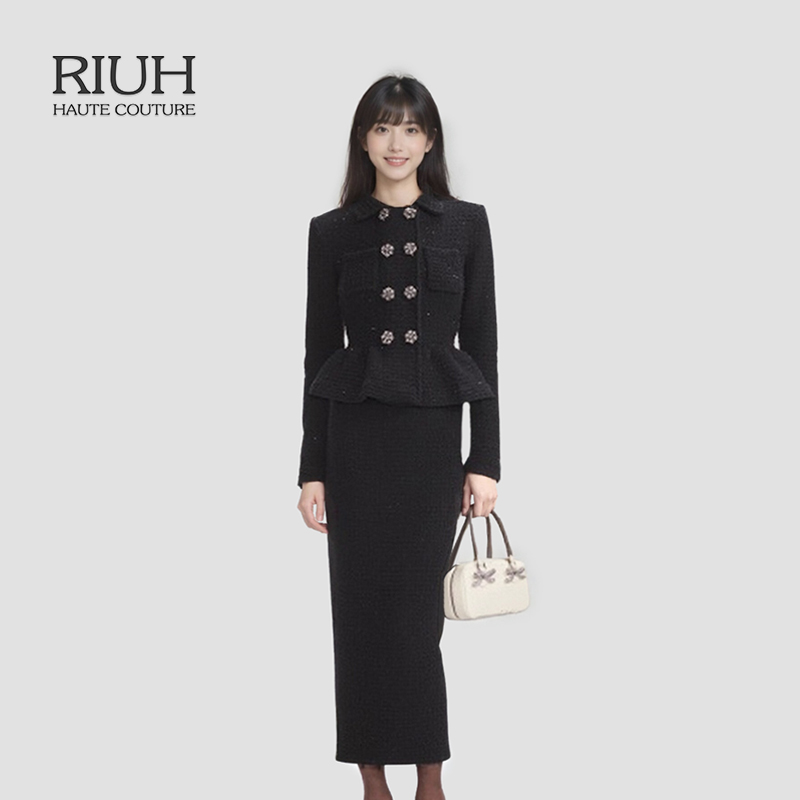 RIUH精致经典黑通勤气质假两件针织连衣裙25秋冬