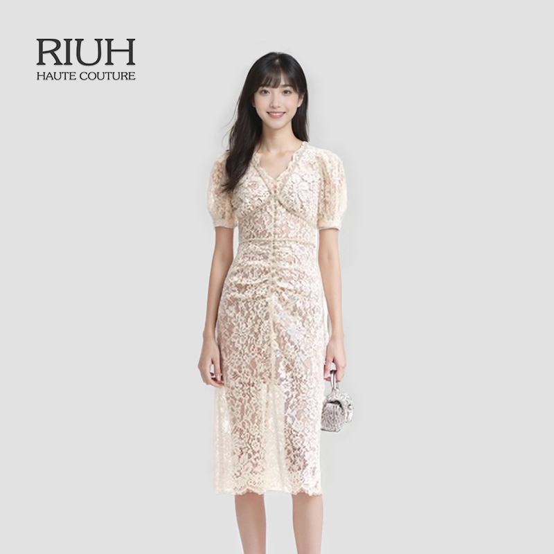 RIUH蕾丝白色钻饰优雅长裙宴会订婚礼服高级连衣裙25秋冬