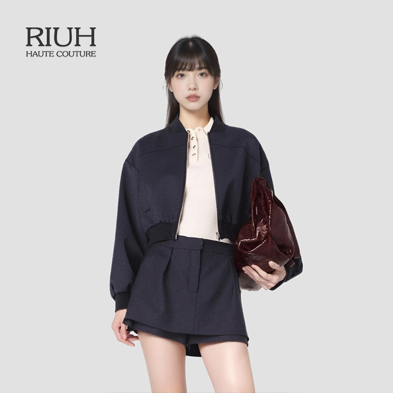 RIUH时尚休闲蓝色长袖圆领短款松紧收腰夹克外套25秋冬