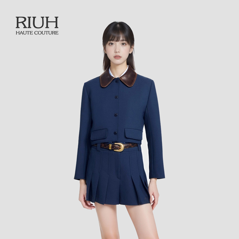 RIUH法式简约深蓝色做旧皮革翻领短款上衣外套25秋冬