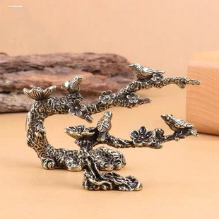 喜鹊枝头一柱香香插迷你黄铜梅花树枝小鸟梅枝意境铜小摆件
