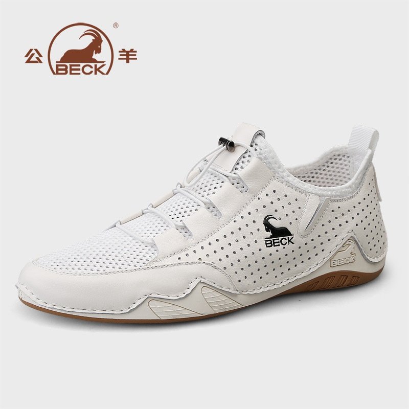 公羊男鞋新款夏季透气薄款夏天镂空凉鞋男真皮小白鞋男士休闲皮鞋