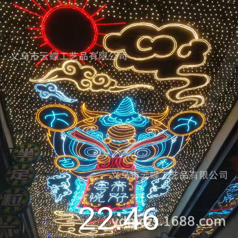 商业天幕墙面led灯饰装饰方案国潮狮子头灯画图案造型设计厂家