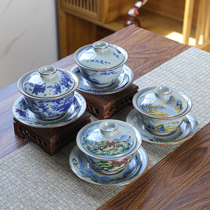 新款千里江山盖碗茶杯中式大容量青花瓷泡茶碗白瓷功夫三才碗批发