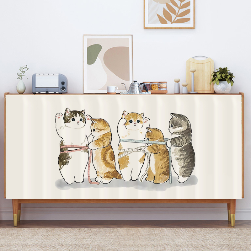 卡通猫咪帘子遮挡k杂物柜子防尘帘魔术贴橱柜门帘拉帘置物架遮丑