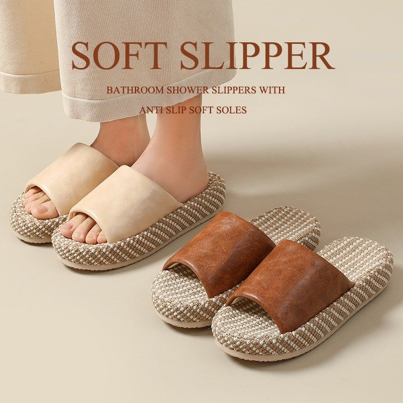 高级感皮a拖鞋亚麻夏季女棉麻吸汗防臭四季家居室内地板厚底防滑