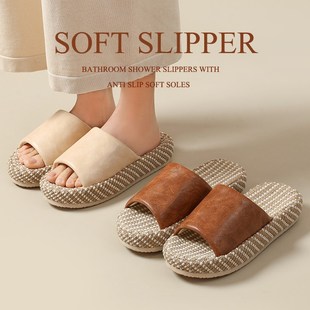 高级感皮a拖鞋亚麻夏季女棉麻吸汗防臭四季家居室内地板厚底防滑