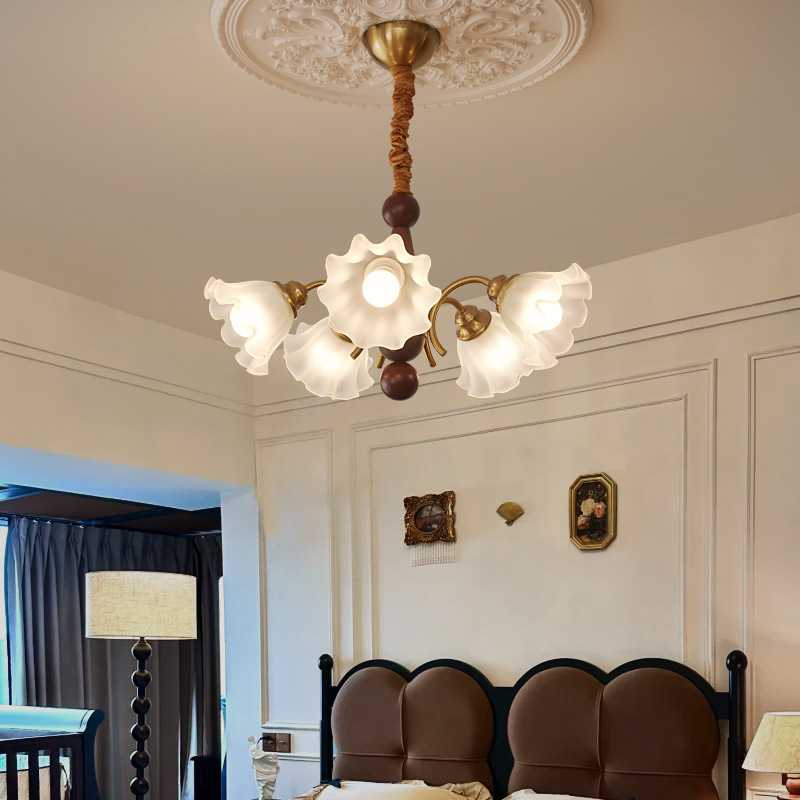 美式复古客厅吊灯法式浪漫铃兰花朵玻璃中古实木高档卧室餐厅灯具