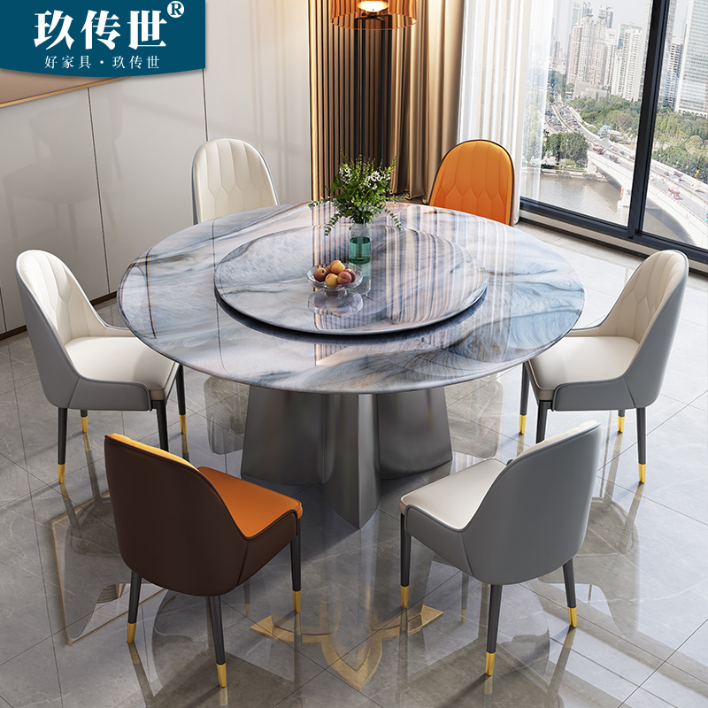 圆形大理石餐桌椅超o晶石轻奢家用简约现代小户型岩板吃饭桌带转