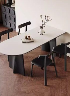 哑光纯白岩板餐桌法式复古风黑色小户型全托靠墙岛台半圆实木餐桌