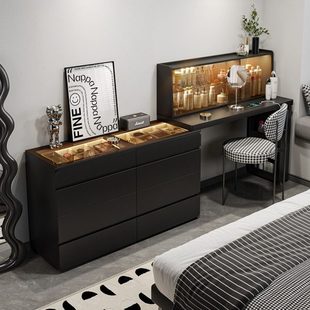 黑色梳妆台斗柜一体现代简约化妆桌卧室2024新款 轻奢高级感床尾柜