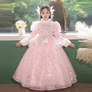 圣诞节儿童服装主持人礼服裙女童粉色高端礼服钢琴演奏元旦演出服