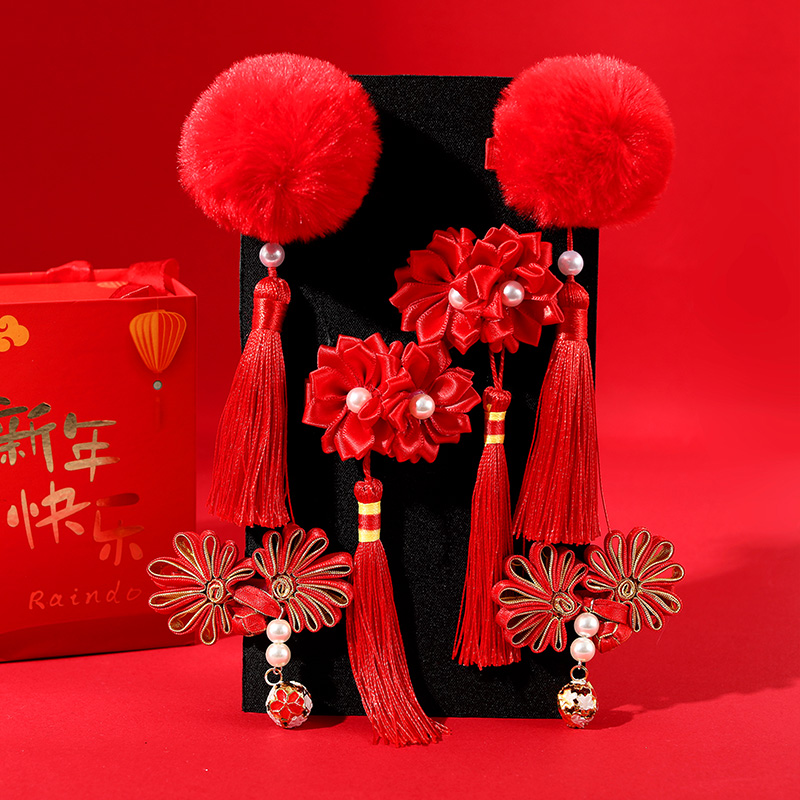新年发饰女童旗袍唐装中国风汉服头饰儿童发夹流苏周岁过年发卡