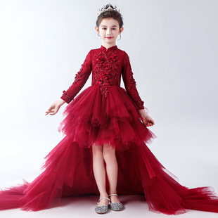儿童年服演出服女童礼服红色大拖尾模特走秀拖尾主持钢琴演奏潮服