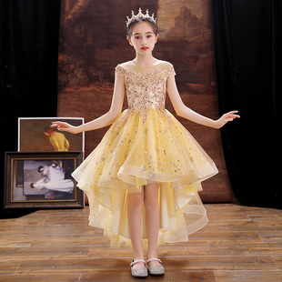 主持人礼服女童轻奢小众高端金色儿童钢琴演奏服花童生日演出服
