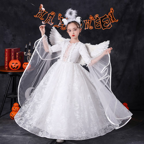 万圣节女童服装儿童白色天使公主裙女巫cosplay角色扮演女孩演出