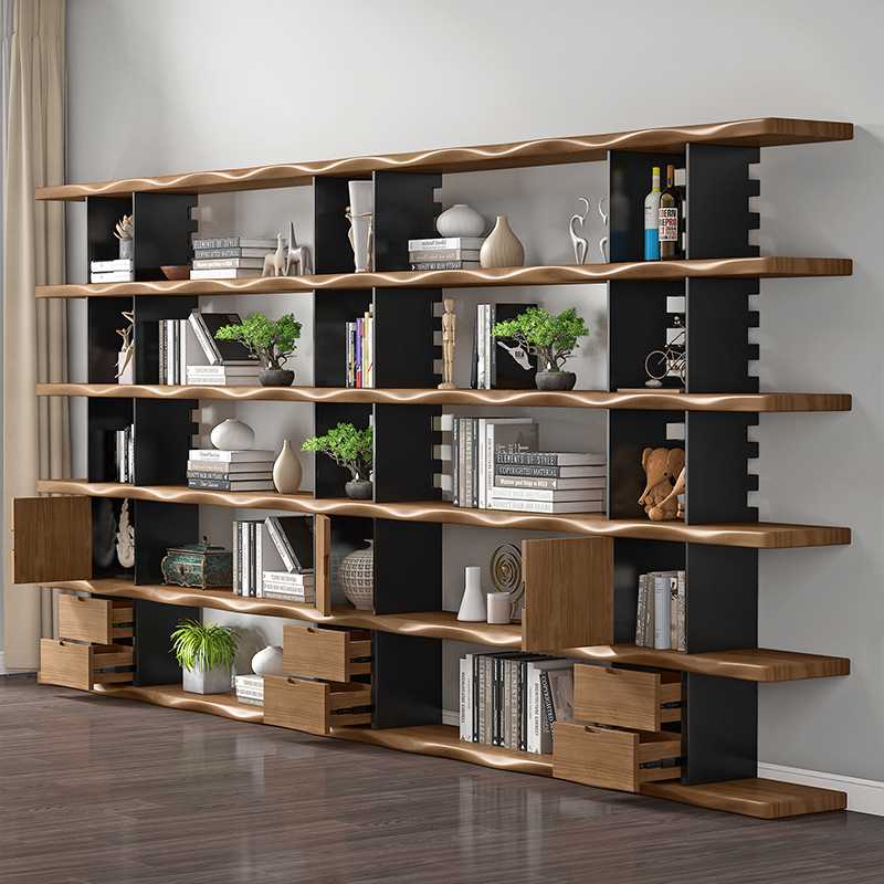 美式实木书架置物架满墙陈列架整墙带抽屉客厅简约办公室书柜落地