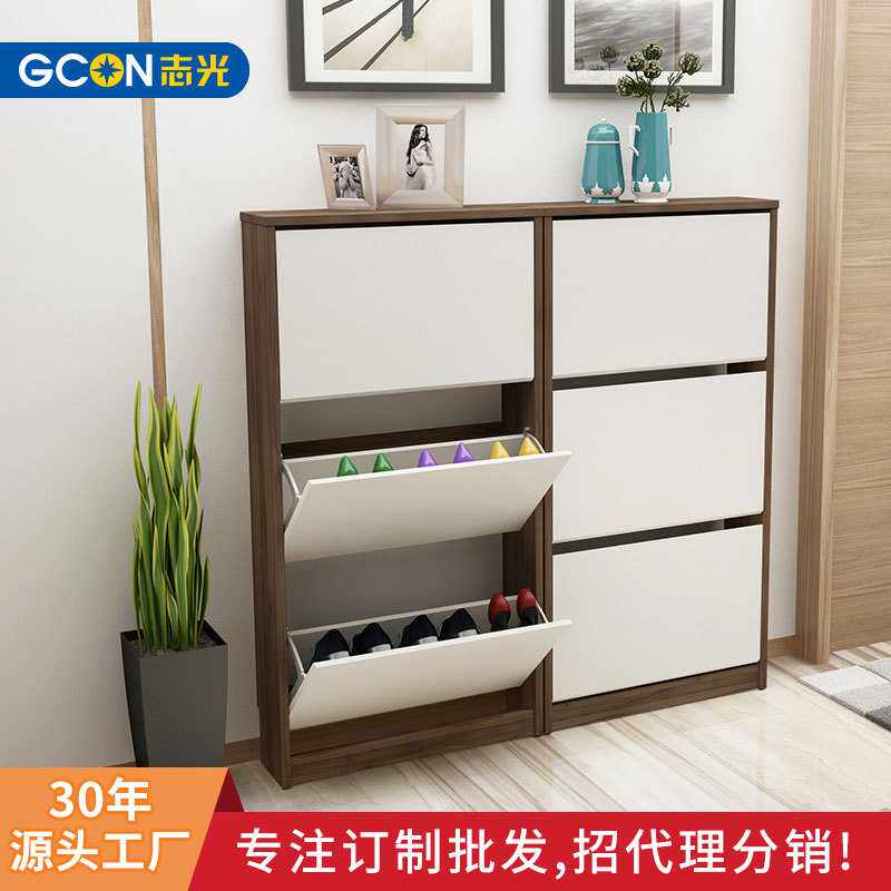 北欧简约三层大容量翻斗鞋柜家用门口收纳板式简易轻薄多层门厅柜
