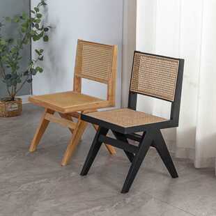 北欧藤编昌迪加尔椅实木扶手餐椅民宿咖啡店中古实木藤椅藤编K椅