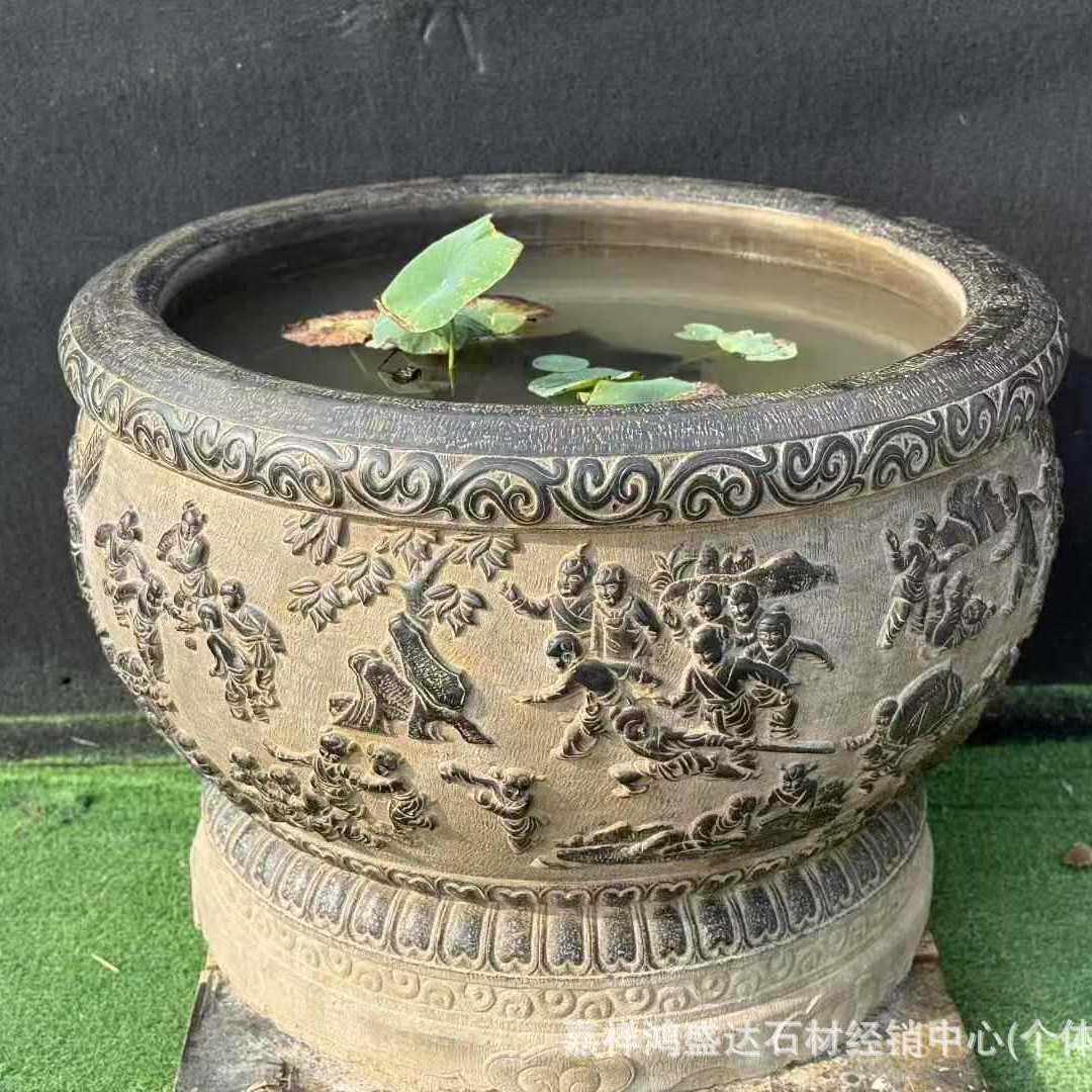 黑青石百子图雕刻石缸庭院养鱼青石缸仿古户外青石荷花盆石雕
