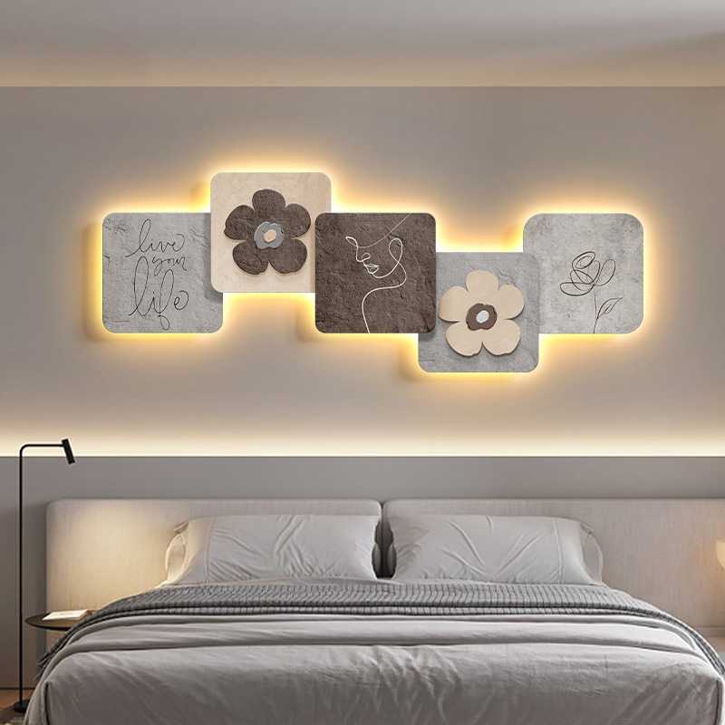 侘寂风卧室装饰画现代简约led氛围灯画高级感主卧床头背景墙挂画