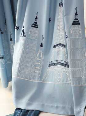 86M0蓝色地中海城堡棉麻绣花飘窗遮光儿童房男孩卧室窗帘成品简约