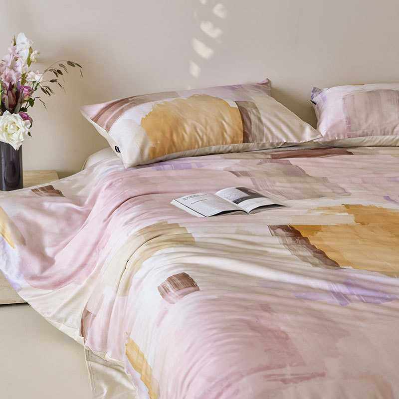 60支A类天丝数码印四件套夏季丝滑蓝粉被套纯色床单透气清凉床品