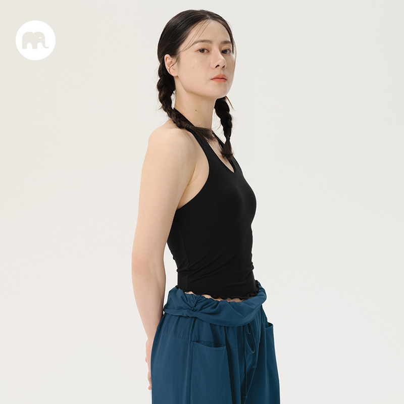 omshan&middot;挂脖木耳边瑜伽背心带胸垫 露背修身吊带气质上衣
