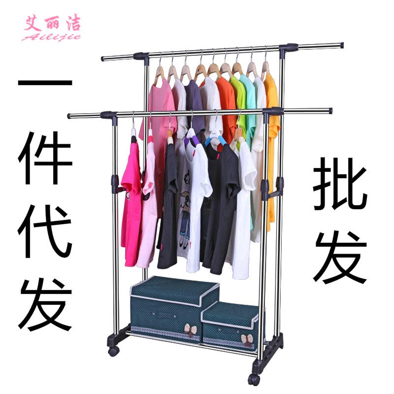 双杆黑色 不锈钢升降晾衣架落地收纳晾衣服架子室内