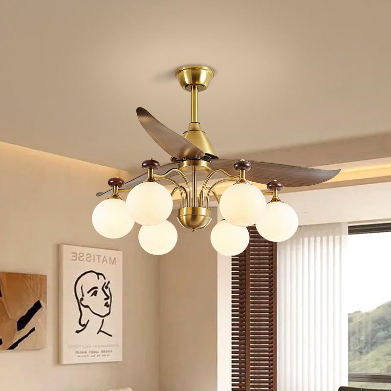 风扇灯胡桃木色吊扇灯中古风客厅灯复古卧室灯餐厅新中式风扇吊灯