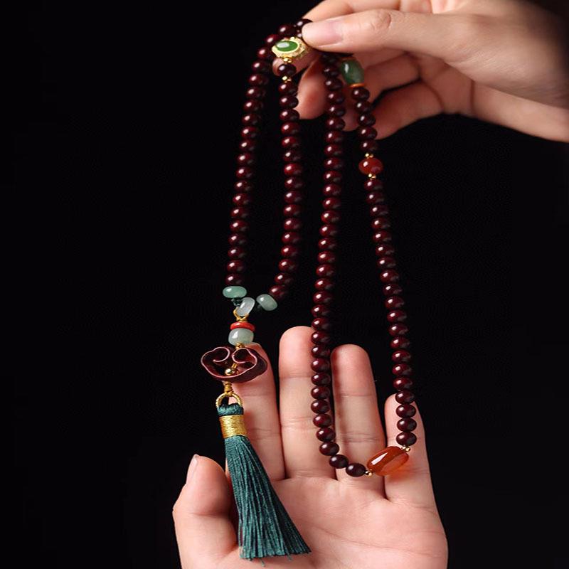 小叶紫檀手串0.6*108颗佛珠手链搭配3公分来安如意男女款项链