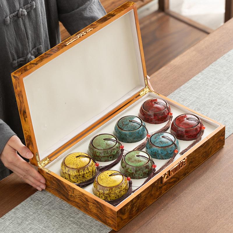 8罐装木盒小号茶叶罐窑变茶叶礼盒装空盒子陶瓷密封罐通用储存罐