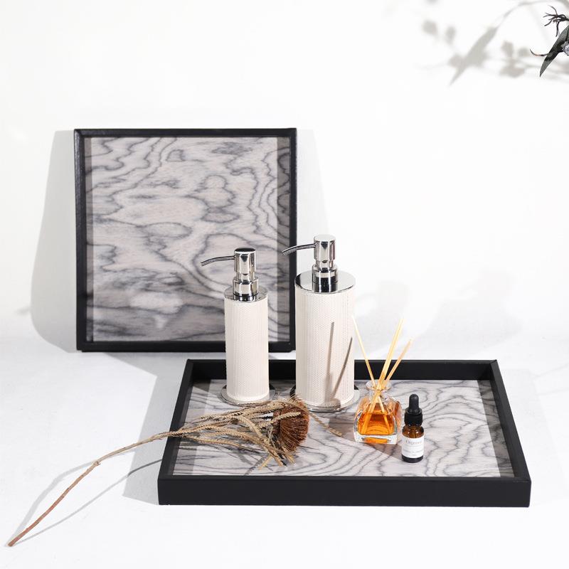 手工黑皮革包边香薰实木托盘ins风摆件家居样板间客厅软装饰品