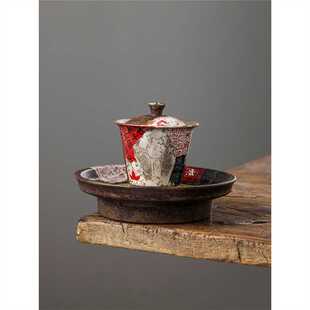 盘若八破图手绘鎏银叠口盖碗茶杯单个高档带盖家用功夫泡茶碗茶具